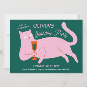 Rosa grüne Katze zum Geburtstag Einladung