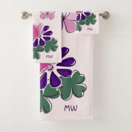 Rosa Grüne Lila Blume Schmetterling Doodle Initial Badhandtuch Set