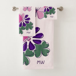 Rosa Grüne Lila Blume Schmetterling Doodle Initial Badhandtuch Set