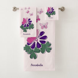 Rosa grüne Lila Blume Schmetterling Doodname Badhandtuch Set