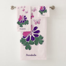 Rosa grüne Lila Blume Schmetterling Doodname Badhandtuch Set