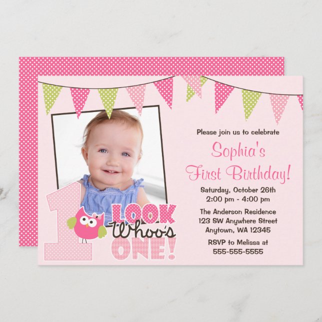 Rosa grüne Mädchen-Eulen-1. Einladung (Vorne/Hinten)