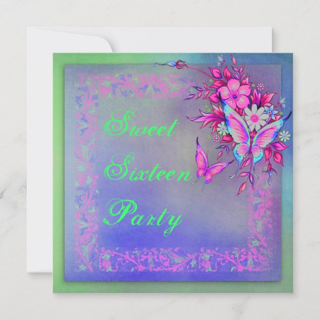 Rosa grüne Neon Grunge Butterfly Sweet 16 Birthday Einladung (Vorderseite)