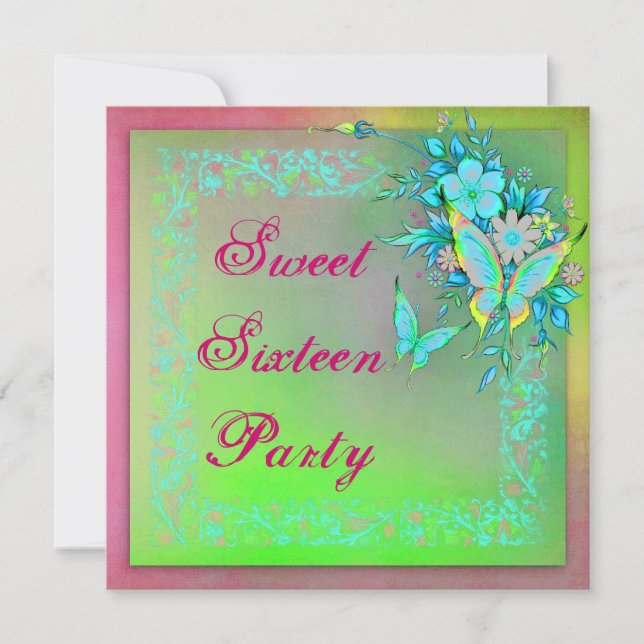 Rosa grüne Neon Grunge Butterfly Sweet 16 Birthday Einladung (Vorderseite)