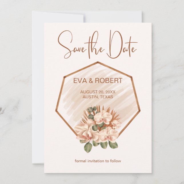 Rosa Grüne Orchid Boho Eukalyptus Wedding Save The Date (Vorderseite)