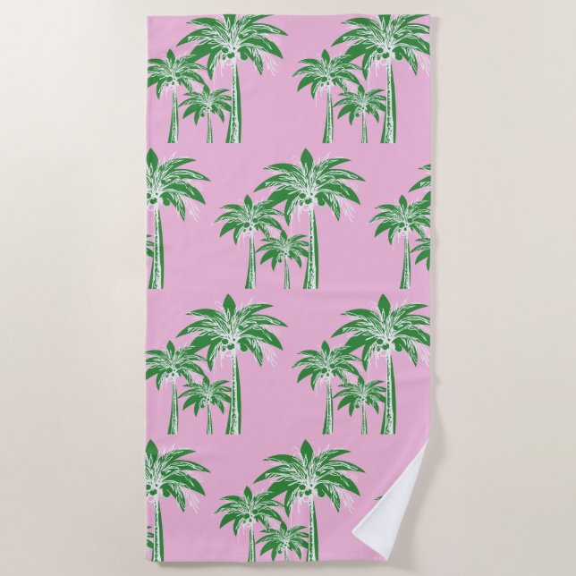 Rosa Grüne Palmen Bäume Preppy Girly Pool Strandtuch (Vorderseite)