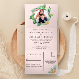 Rosa grüne Palmwedel-Girlande Foto-Hochzeit Dreifach Gefaltete Einladung