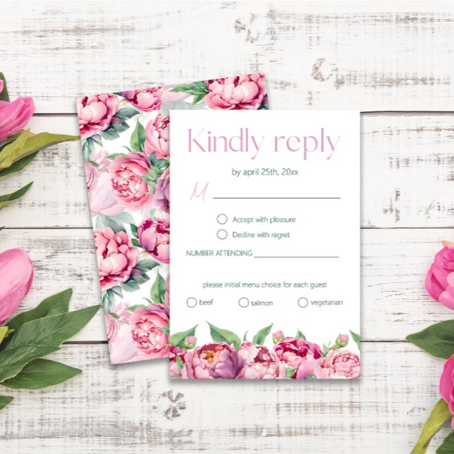 Rosa-grüne Peonies-Menü Wahl Hochzeitsrabatt RSVP Karte (Von Creator hochgeladen)