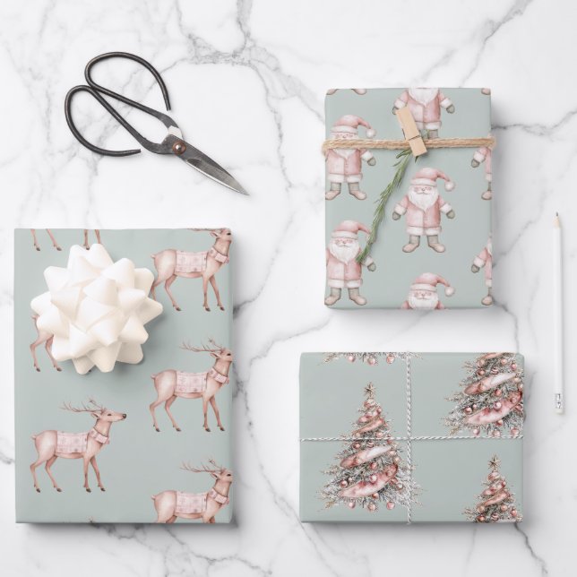 Rosa Grüne Rosa Hirschbaumen Weihnachtsbaum Geschenkpapier Set (Vorderseite)