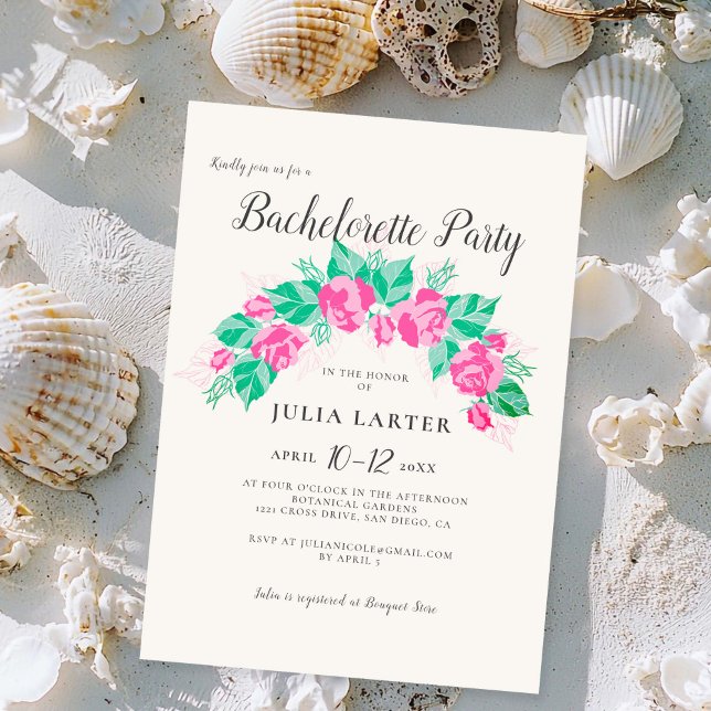 Rosa Grüne Rose Blume Garten Junggeselinnen-Abschi Einladung (Von Creator hochgeladen)