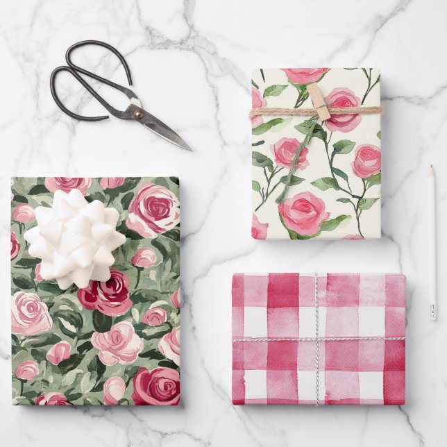 Rosa grüne Rose Blumengeburt Geschenkpapier Set (Vorderseite)