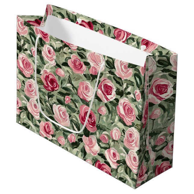 Rosa grüne Rose Blumenstrauß Brautparty Große Geschenktüte (Vorderseite Schrägansicht)