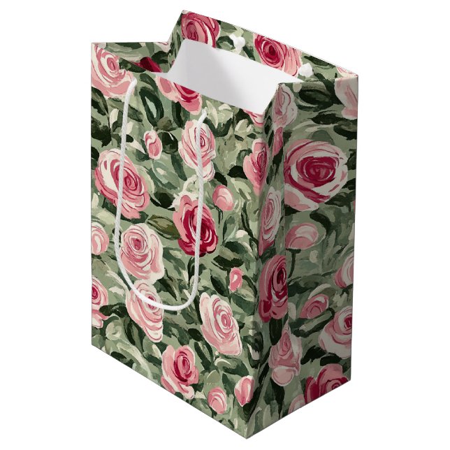 Rosa grüne Rose Blumenstrauß Brautparty Mittlere Geschenktüte (Vorderseite Schrägansicht)