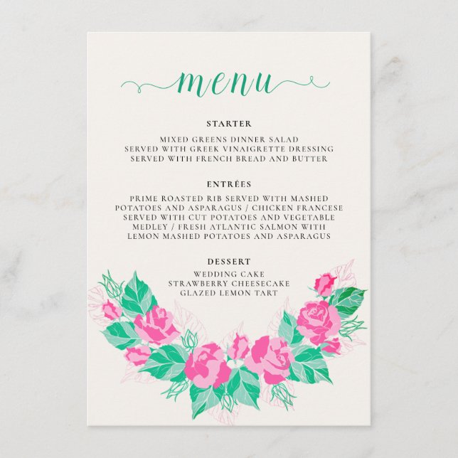 Rosa Grüne Rose Petals Blume Hochzeit Garten Menükarte (Vorderseite)