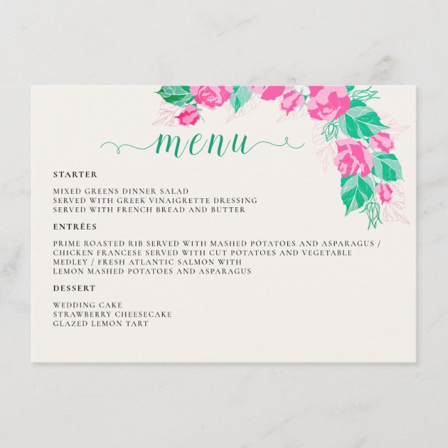 Rosa Grüne Rose Petals Blume Hochzeit Garten Menükarte (Vorderseite)
