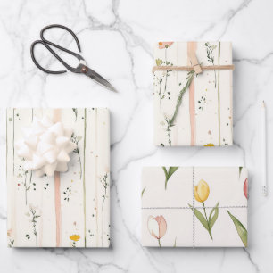 Rosa Grüne Streifen Blumen Tulpen Junggesellinnena Geschenkpapier Set