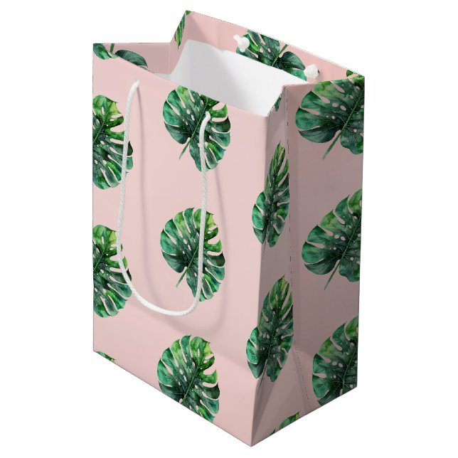 Rosa grüne tropische Blätter mit rosa Pfirsichfarb Mittlere Geschenktüte (Vorderseite Schrägansicht)