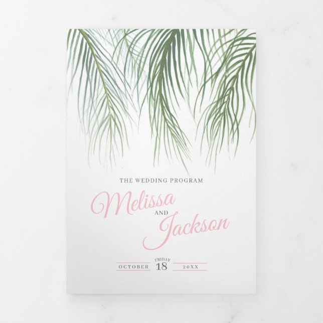 Rosa grüne tropische Palmen Aquarellkunst Hochzeit Dreifach-gefaltete Programmkarte (Cover)