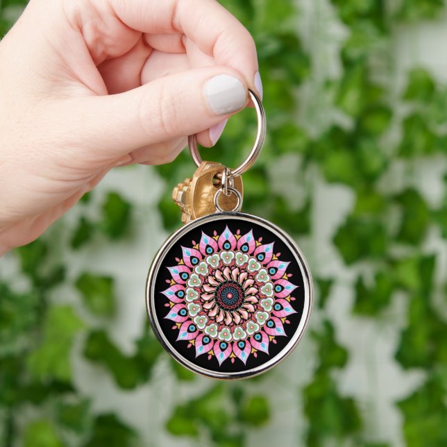 Rosa, grüne und blaue Blume Mandala Schlüsselanhän Schlüsselanhänger (Hand)