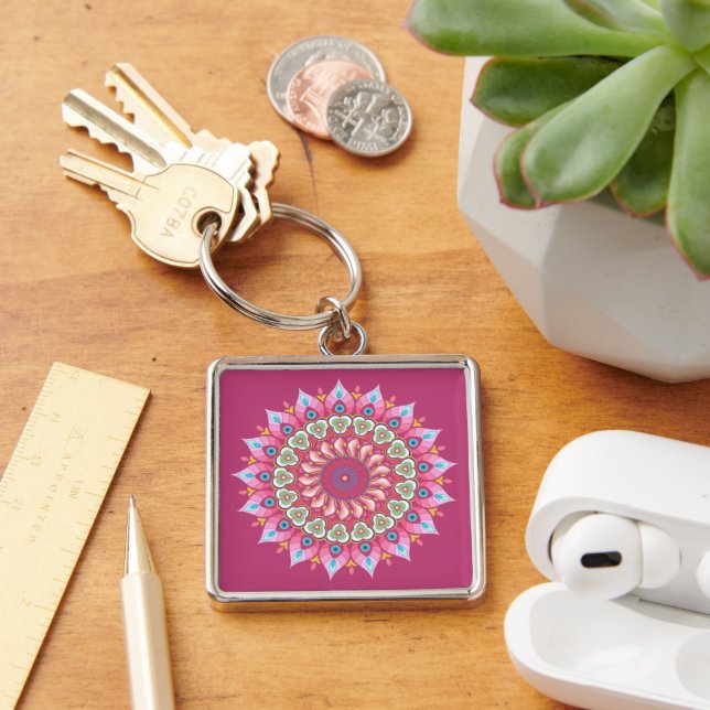 Rosa, grüne und blaue Blume Mandala Schlüsselanhän Schlüsselanhänger (Schreibtisch)