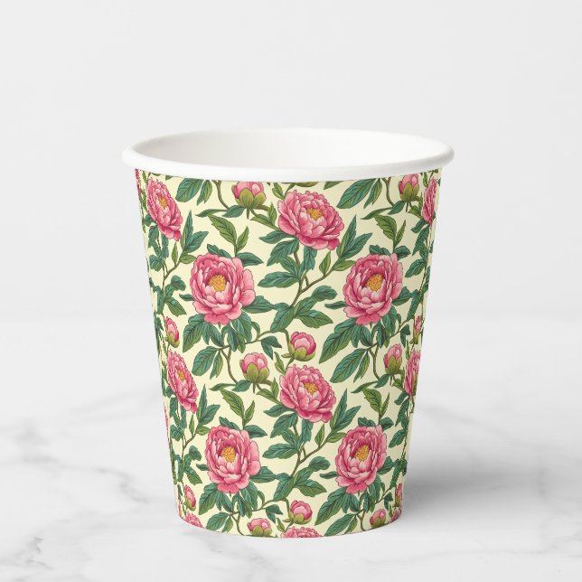 Rosa, grüne und gelbe Chinoiserie Blumen Pappbecher (Vorderseite)