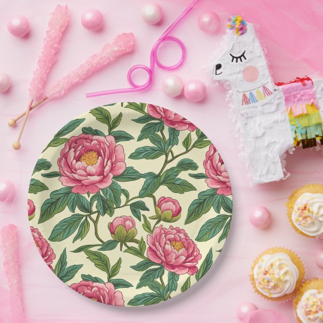 Rosa, grüne und gelbe Chinoiserie Blumen Pappteller (Party)