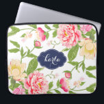 Rosa Grüne und gelbe Frühlingsblumen Wasserfarben Laptopschutzhülle<br><div class="desc">Elegante moderne Aquarellfarben illustrieren rosa Rosen und pagligelbe Frühlingsblumen. Anpassbarer weißer Hintergrund und anpassbares Monogramm auf marineblau-blauem Namensschild/Rahmen.</div>