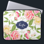 Rosa Grüne und gelbe Frühlingsblumen Wasserfarben Laptopschutzhülle<br><div class="desc">Elegante moderne Aquarellfarben illustrieren rosa Rosen und pagligelbe Frühlingsblumen. Anpassbarer weißer Hintergrund und anpassbares Monogramm auf marineblau-blauem Namensschild/Rahmen.</div>