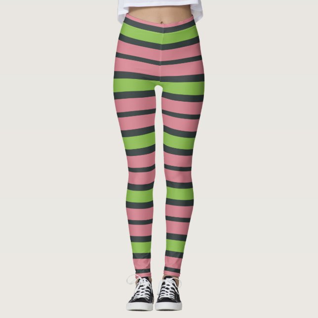 Rosa, grüne und schwarze Streifen Leggings (Vorderseite)