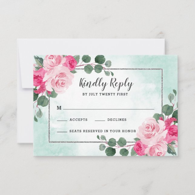 Rosa Grüne und Silberfarben Blumenzehen RSVP Karte (Vorderseite)