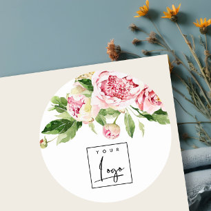 Rosa grüne Wasserfarbe Pfingstrose Blumen-Logo Ges Runder Aufkleber