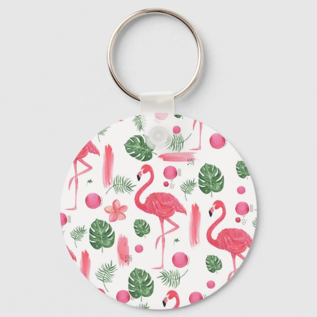 Rosa grüne Wasserfarbe Tropenflamingo Schlüsselanhänger (Vorderseite)