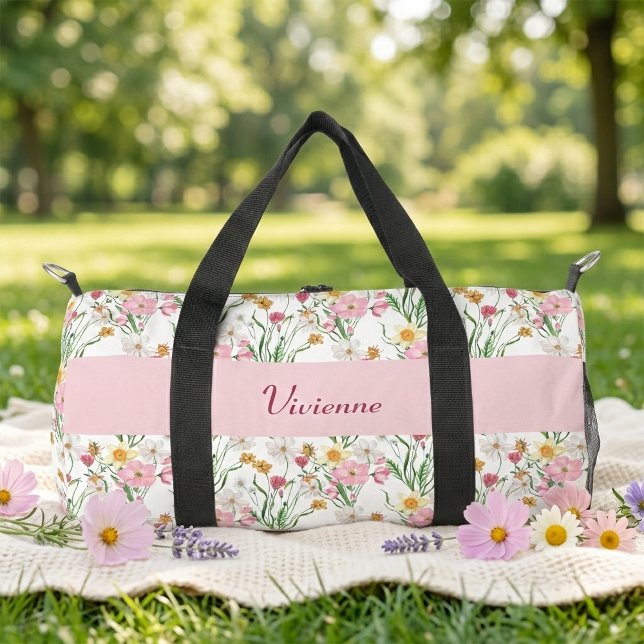 Rosa grüne Wasserfarbe Wildblumen-Monogramm Duffle Bag (Pink Green Wildflower Watercolor Monogram Name Floral Pattern Duffel Bag)