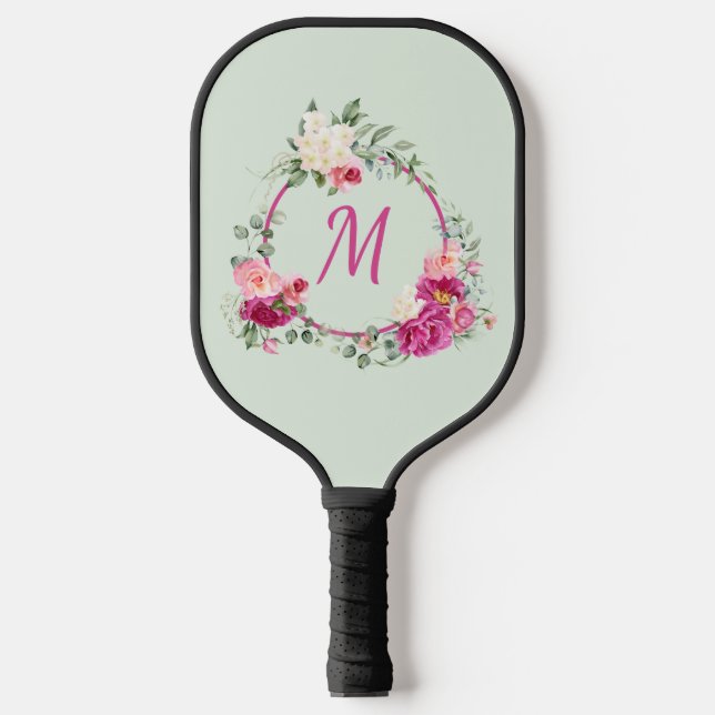 Rosa + Grüne Wasserfarbenmonogramm Pickleball Schläger (Vorderseite)