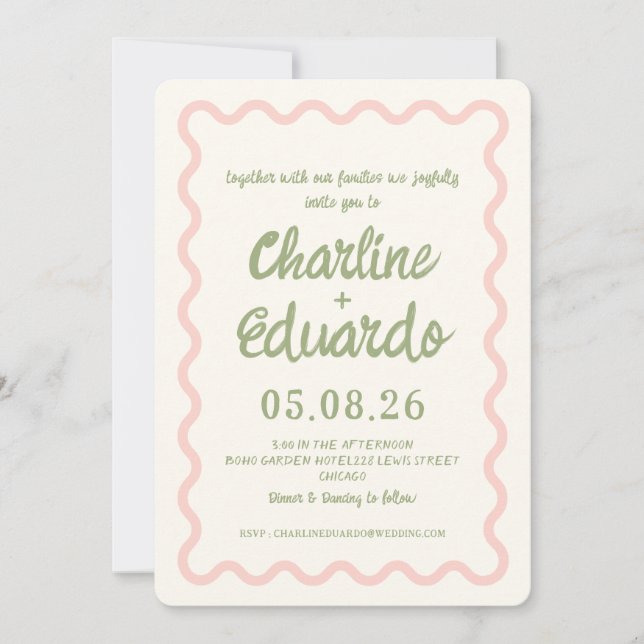 Rosa grüne, wavy Border Pastel Hochzeit Einladung (Vorderseite)
