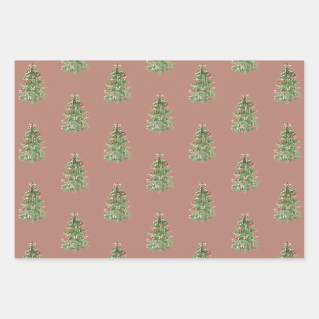 Rosa Grüne Weihnachtsbaumen Bow Geschenkpapier (Vorderseite)