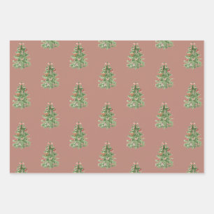 Rosa Grüne Weihnachtsbaumen Bow Geschenkpapier Set