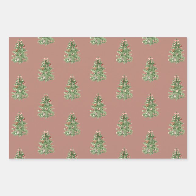 Rosa Grüne Weihnachtsbaumen Bow Geschenkpapier Set (Vorderseite)