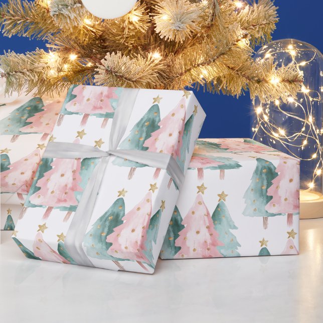 Rosa Grüne Weihnachtsbaumen Gold Stars Geschenkpapier (Feiertage)
