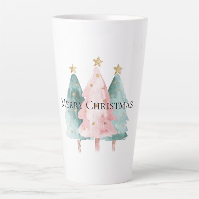 Rosa Grüne Weihnachtsbaumen Gold Stars Milchtasse (Vorderseite)