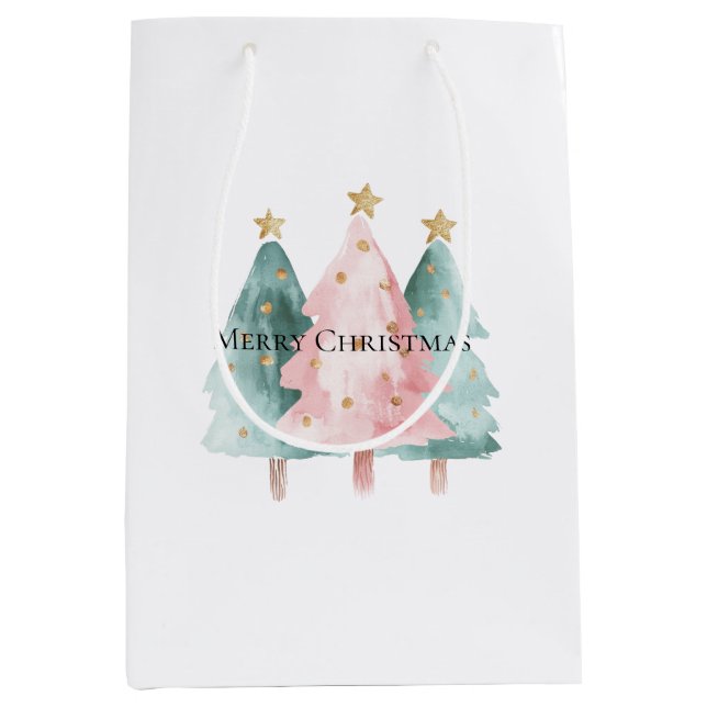 Rosa Grüne Weihnachtsbaumen Gold Stars Mittlere Geschenktüte (Vorderseite)