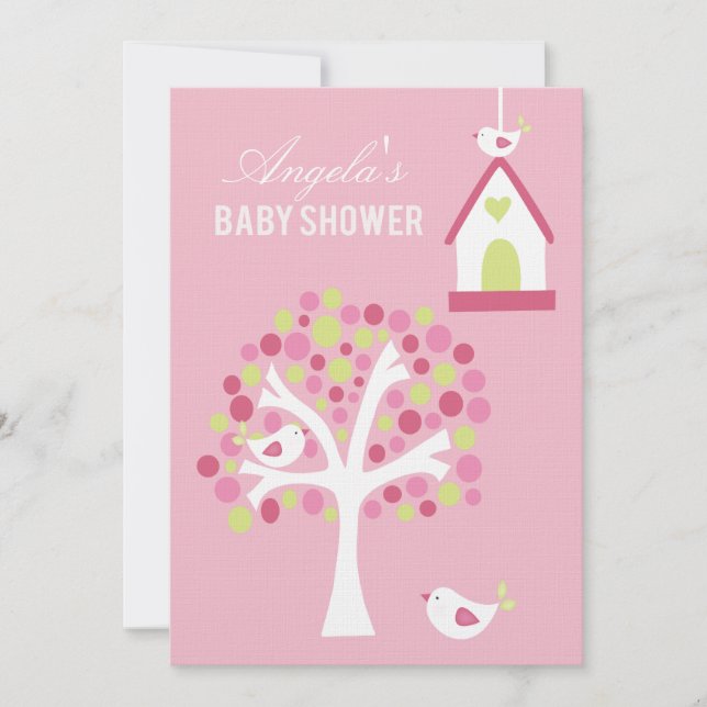 Rosa grüne weiße Vögel & Bäume Babydusche laden ei Einladung (Vorderseite)