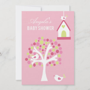 Rosa grüne weiße Vögel & Bäume Babydusche laden ei Einladung