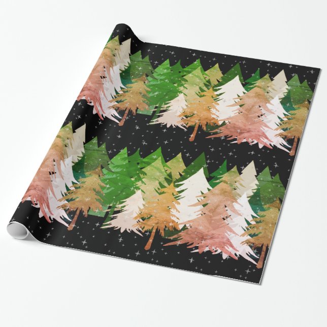 Rosa grüne weiße Weihnachtsbäume Sterne Schwarz Geschenkpapier (Ungerollt)