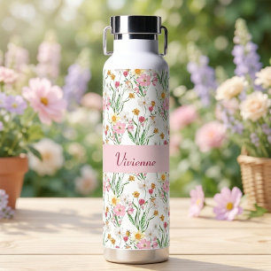 Rosa grüne Wildblumen-Wasserfarbe-Monogramm-Name Trinkflasche