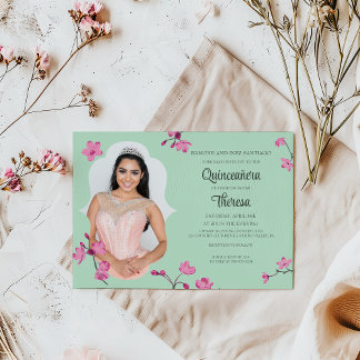 Rosa, grüner Kirschblossom Quinceanera-Foto Einladung