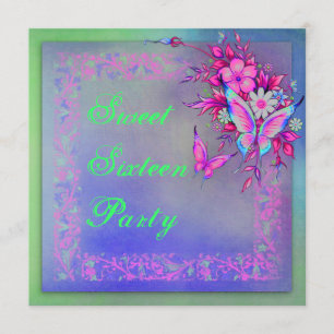 Rosa grüner Neon Grunge Schmetterling Sweet 16 Geb Einladung