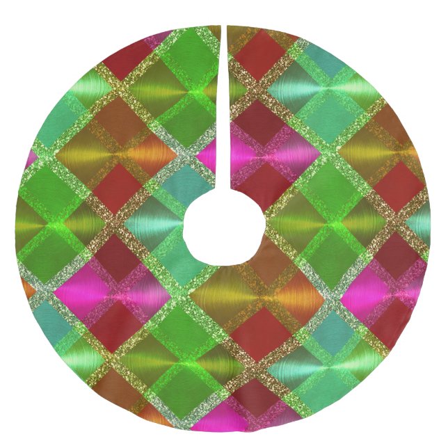 Rosa grüner Orange Glitzer Kariertes Design Polyester Weihnachtsbaumdecke (Vorderseite)