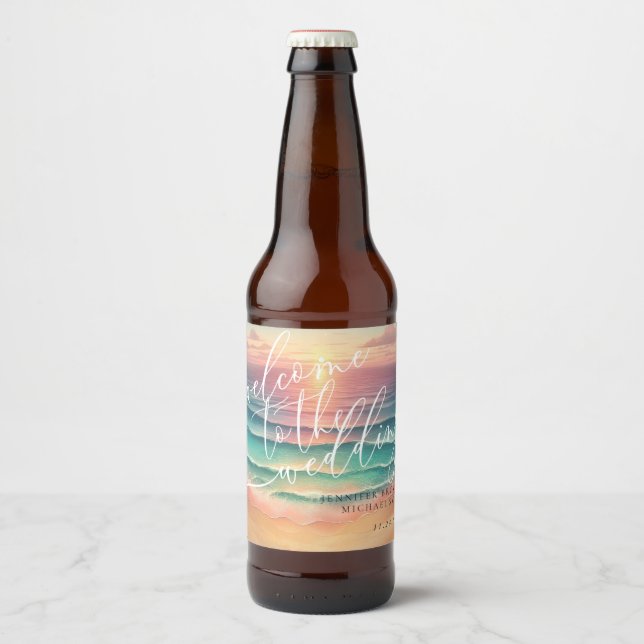 Rosa Grüner Ozean Beach Sommer Grünes Meer Hochzei Bierflaschenetikett (Vorderseite)