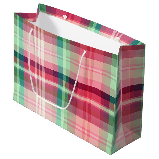 Rosa grüner Tartan Kariert Große Geschenktüte (Vorderseite Schrägansicht)